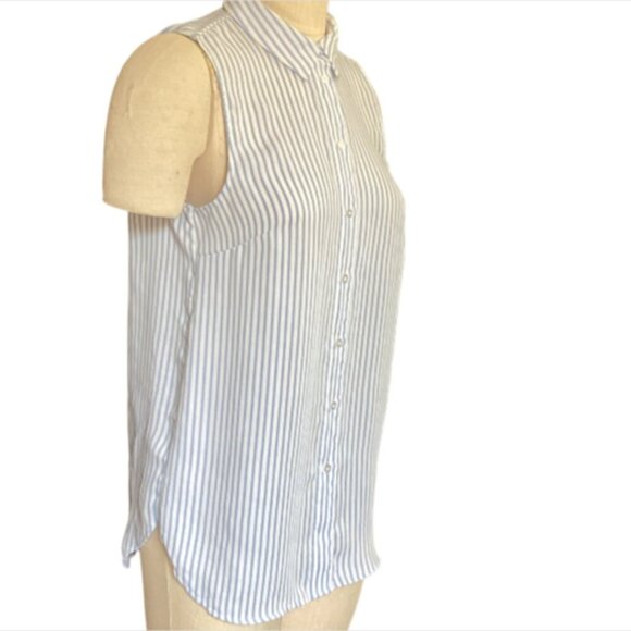 H&M Sleeveless Striped Button-Up Collared Tunic Top Sz 8 Blue & White 55P - Picture 2 of 7